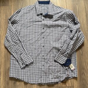 Tasso Elba Blue and White Plaid Long-Sleeve Button-Down Shirt with Navy Trim